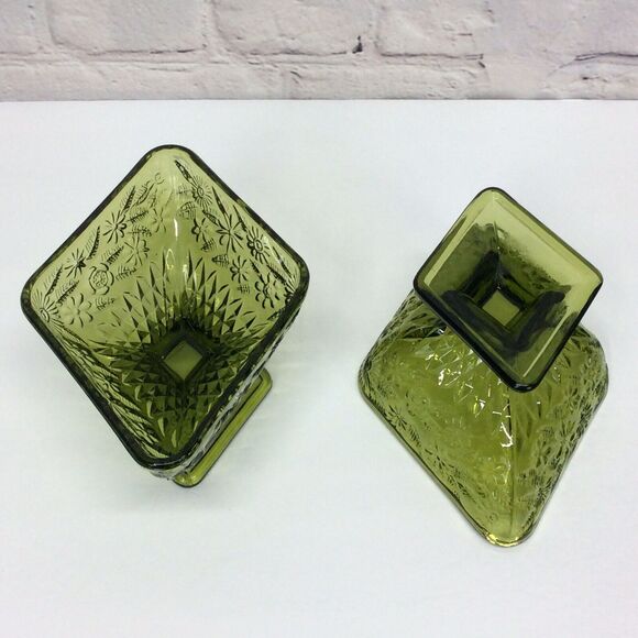 Vintage Indiana Glass Olive Green Diamond Shape Pedestal Candy Dish Bowl Set 2 - Picture 2 of 12